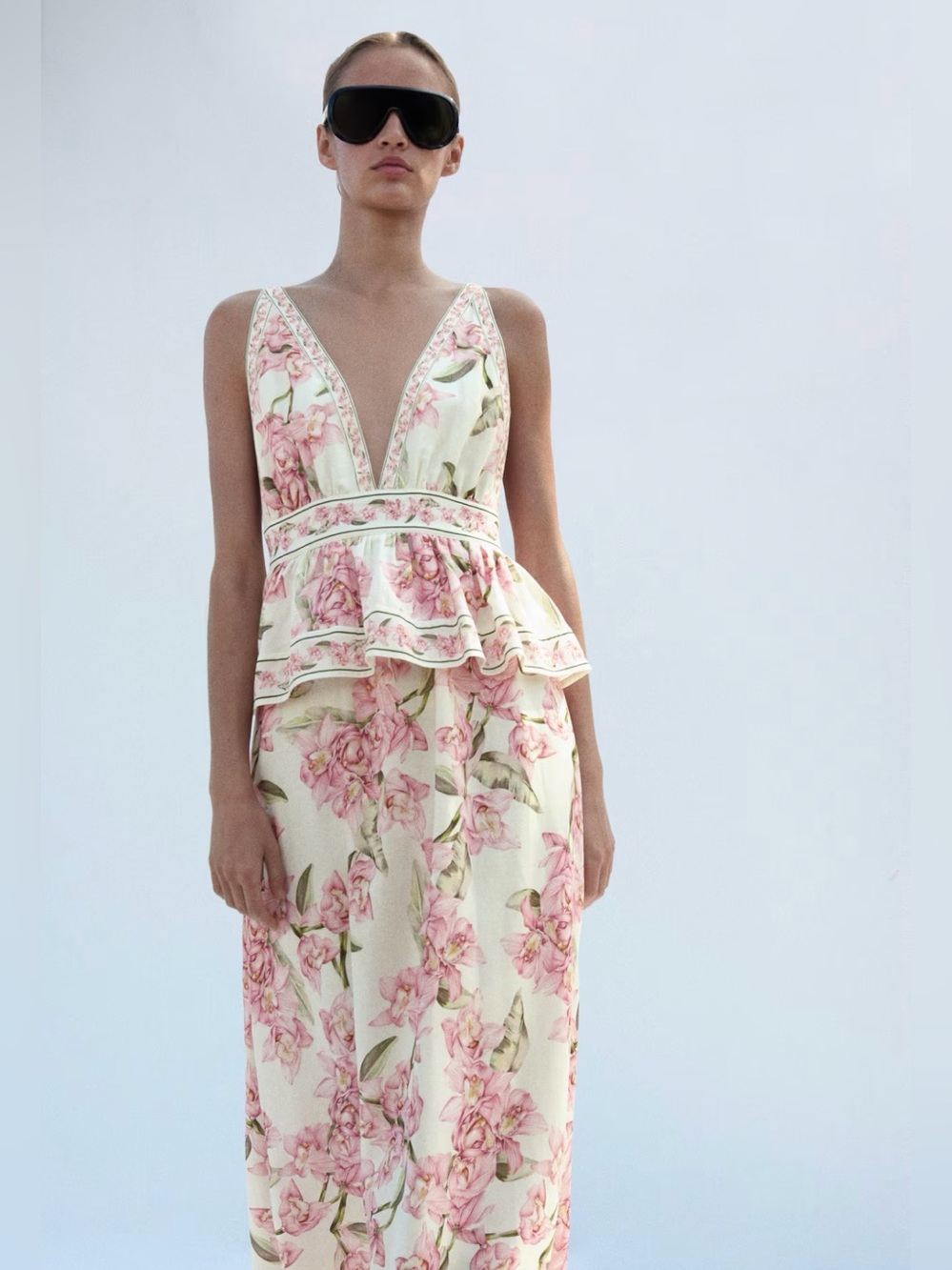H&M NWT CREAM, PINK FLORAL LINEN-BLEND PEPLUM DRESS SIZE XS - Picture 9 of 10